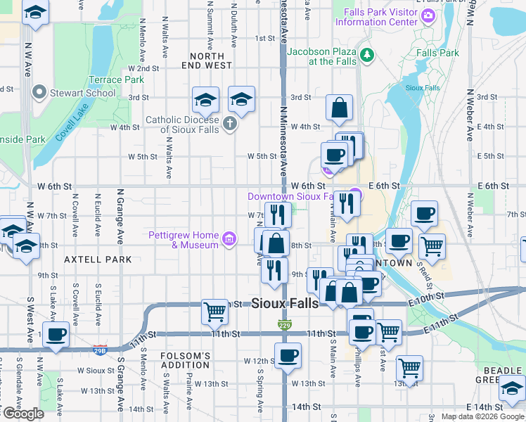 map of restaurants, bars, coffee shops, grocery stores, and more near 425 West 7th Street in Sioux Falls
