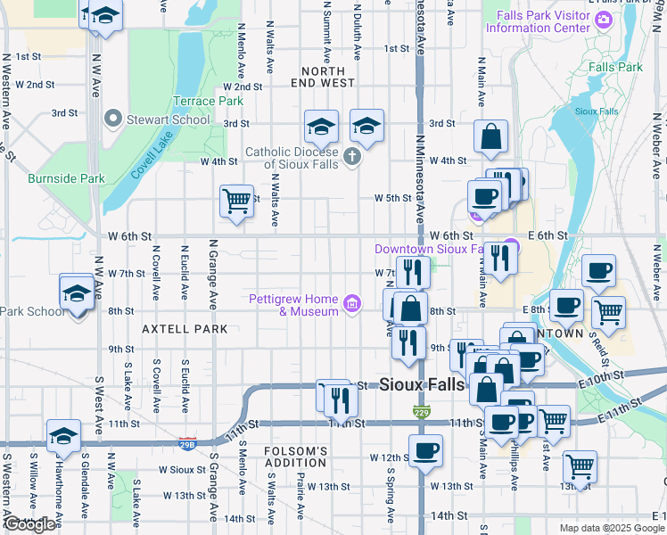 map of restaurants, bars, coffee shops, grocery stores, and more near 607 West 7th Street in Sioux Falls