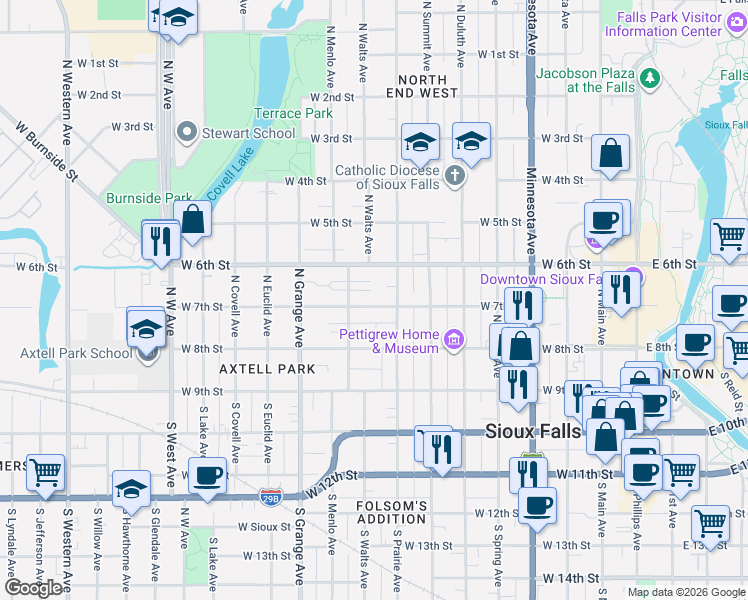 map of restaurants, bars, coffee shops, grocery stores, and more near in Sioux Falls