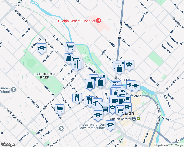 map of restaurants, bars, coffee shops, grocery stores, and more near 80 Cardigan Street in Guelph