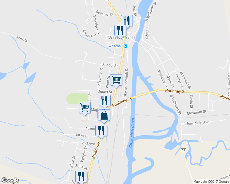 map of restaurants, bars, coffee shops, grocery stores, and more near 1 Queen Street in Whitehall