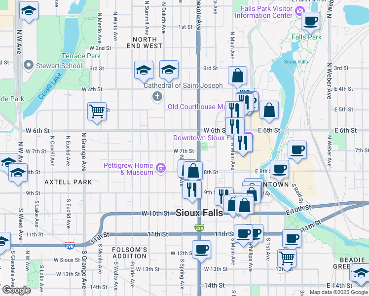 map of restaurants, bars, coffee shops, grocery stores, and more near 302 North Spring Avenue in Sioux Falls