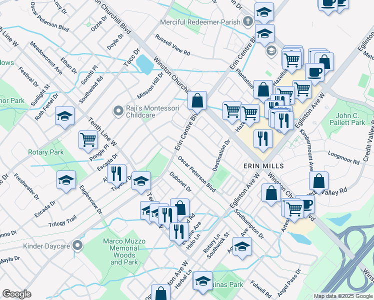 map of restaurants, bars, coffee shops, grocery stores, and more near 5172 Nestling Grove in Mississauga