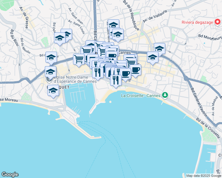 map of restaurants, bars, coffee shops, grocery stores, and more near Promenade Robert Favre le Bret in Cannes