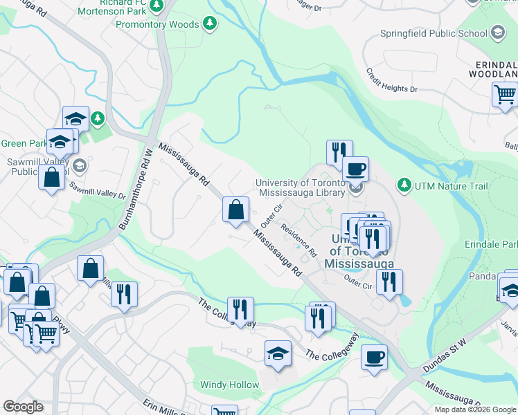 map of restaurants, bars, coffee shops, grocery stores, and more near in Mississauga