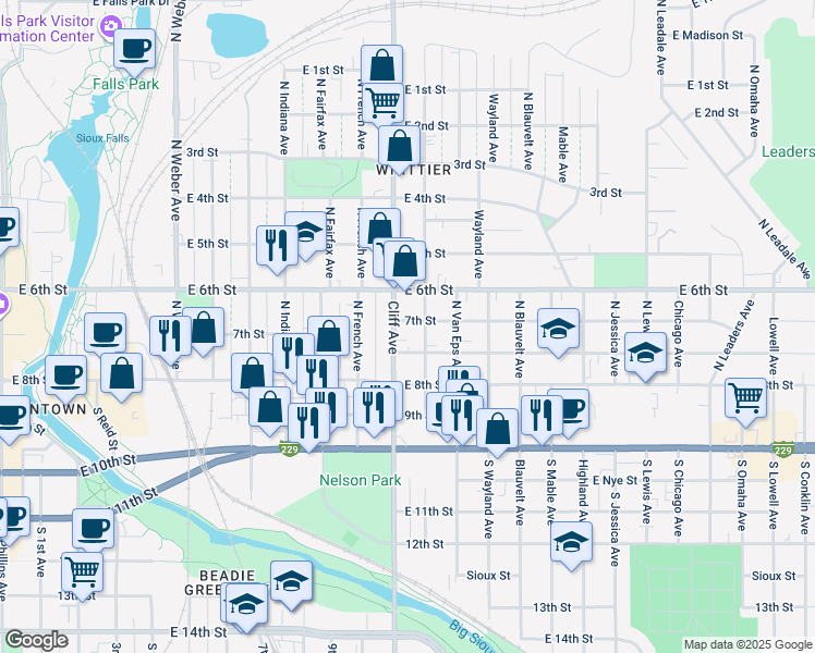 map of restaurants, bars, coffee shops, grocery stores, and more near 1209 East 7th Street in Sioux Falls