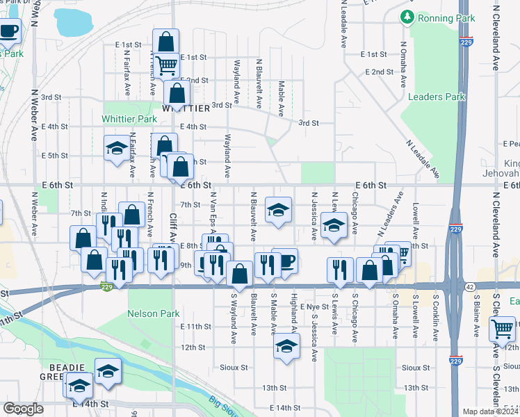 map of restaurants, bars, coffee shops, grocery stores, and more near 332 North Blauvelt Avenue in Sioux Falls