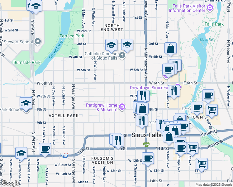 map of restaurants, bars, coffee shops, grocery stores, and more near 304 North Summit Avenue in Sioux Falls