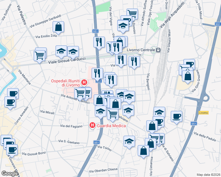 map of restaurants, bars, coffee shops, grocery stores, and more near Via Guido D'Arezzo in Livorno