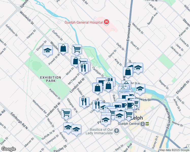 map of restaurants, bars, coffee shops, grocery stores, and more near 74 Cardigan Street in Guelph