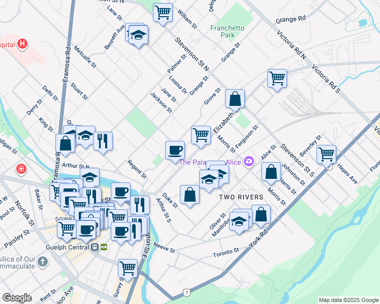 map of restaurants, bars, coffee shops, grocery stores, and more near 74 Elizabeth Street in Guelph