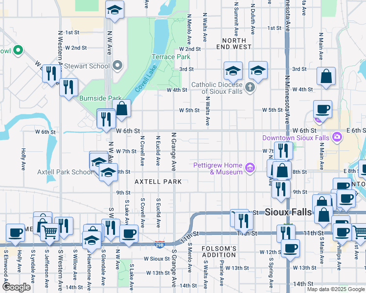 map of restaurants, bars, coffee shops, grocery stores, and more near 222 North Grange Avenue in Sioux Falls