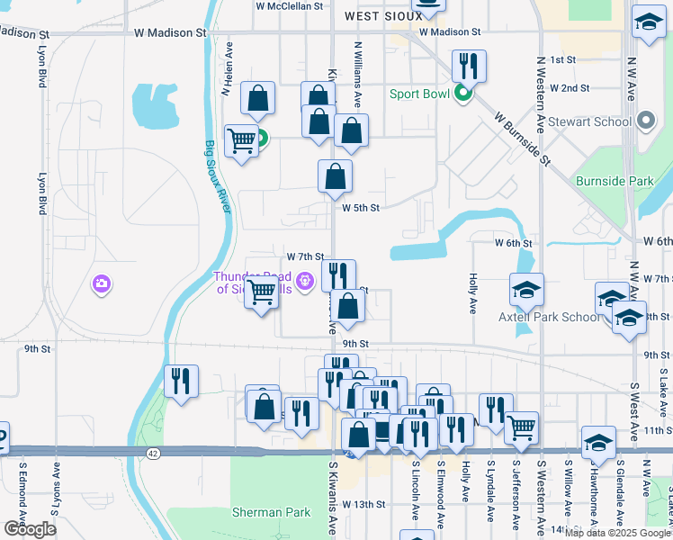 map of restaurants, bars, coffee shops, grocery stores, and more near 220 North Kiwanis Avenue in Sioux Falls