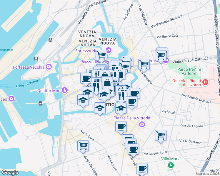 map of restaurants, bars, coffee shops, grocery stores, and more near 12 Via Sant'Omobono in Livorno