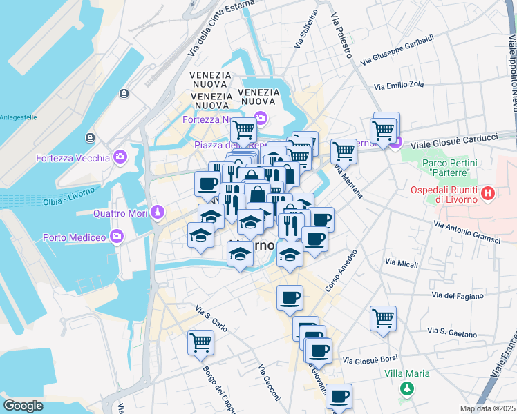 map of restaurants, bars, coffee shops, grocery stores, and more near 12 Via Sant'Omobono in Livorno