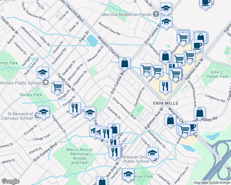 map of restaurants, bars, coffee shops, grocery stores, and more near 5184 Nestling Grove in Mississauga