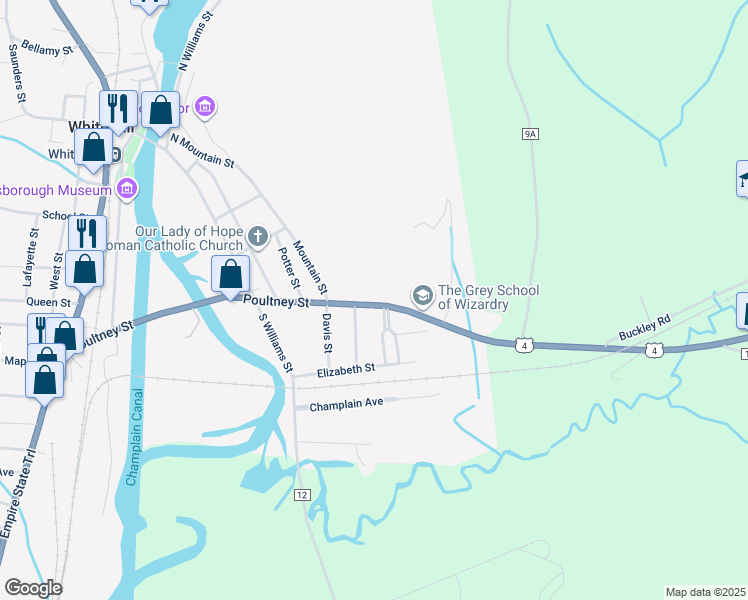 map of restaurants, bars, coffee shops, grocery stores, and more near 111 Poultney Street in Whitehall
