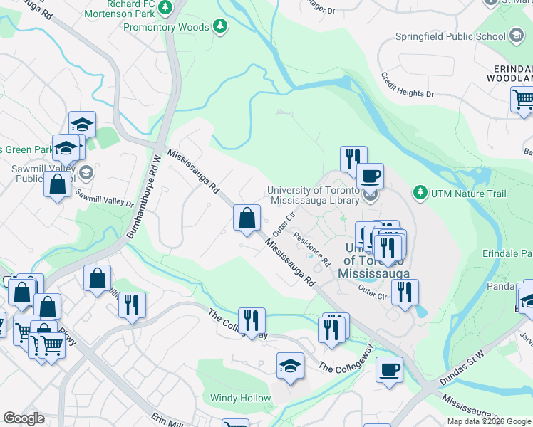 map of restaurants, bars, coffee shops, grocery stores, and more near 3371 Cider Mill Place in Mississauga