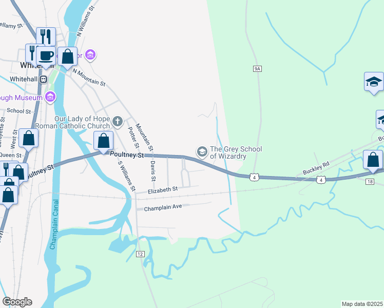 map of restaurants, bars, coffee shops, grocery stores, and more near 117 Poultney Street in Whitehall