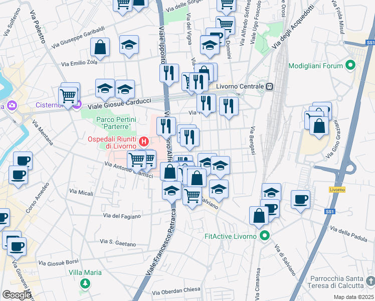map of restaurants, bars, coffee shops, grocery stores, and more near 3 Via Giovanni Targioni Tozzetti in Livorno