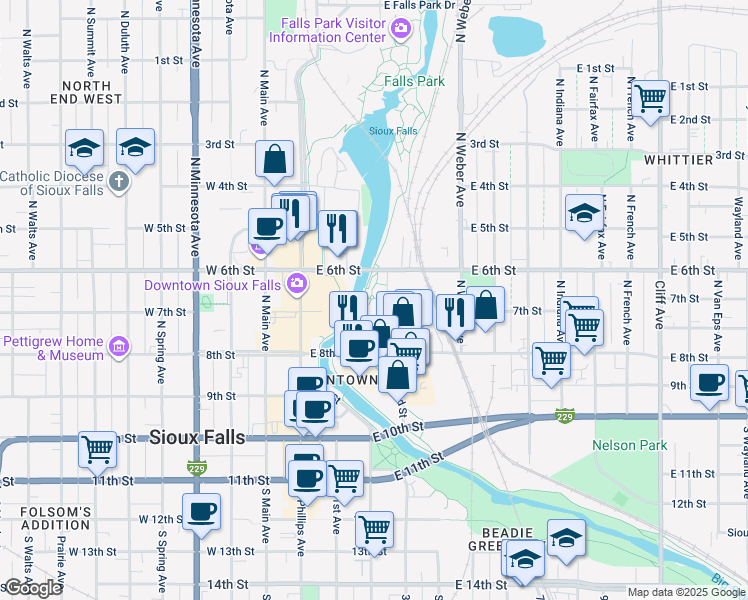 map of restaurants, bars, coffee shops, grocery stores, and more near 261 East 6th Street in Sioux Falls