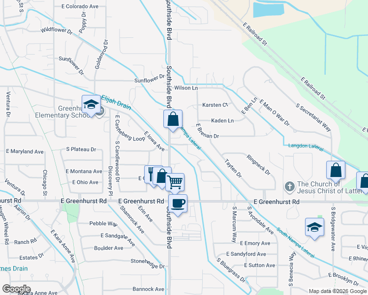 map of restaurants, bars, coffee shops, grocery stores, and more near 1810 Southside Boulevard in Nampa