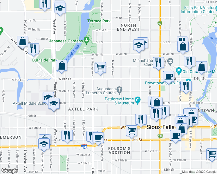 map of restaurants, bars, coffee shops, grocery stores, and more near 314 North Trapp Avenue in Sioux Falls