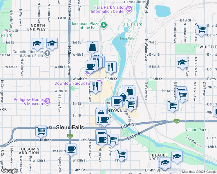 map of restaurants, bars, coffee shops, grocery stores, and more near 121 East 6th Street in Sioux Falls