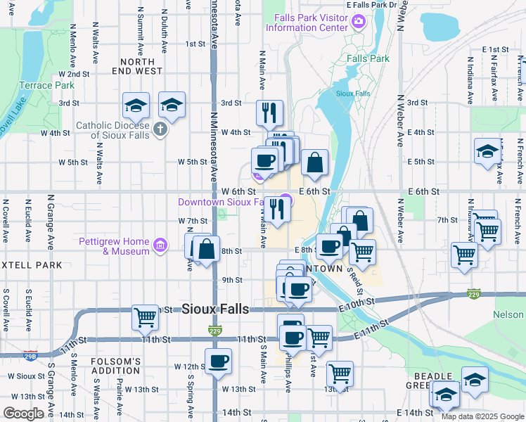 map of restaurants, bars, coffee shops, grocery stores, and more near 333 North Main Avenue in Sioux Falls