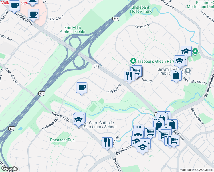 map of restaurants, bars, coffee shops, grocery stores, and more near 4141 Trellis Crescent in Mississauga