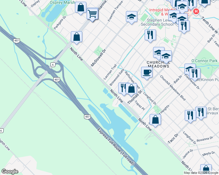 map of restaurants, bars, coffee shops, grocery stores, and more near 5633 9 Line in Mississauga