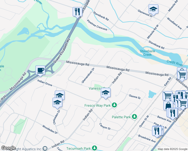 map of restaurants, bars, coffee shops, grocery stores, and more near 1416 Shadowa Road in Mississauga