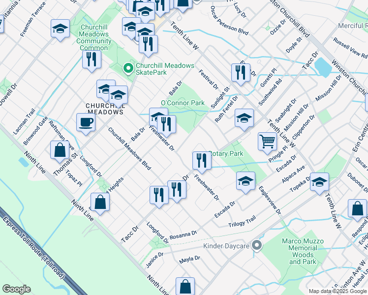 map of restaurants, bars, coffee shops, grocery stores, and more near 3444 Sunlight Street in Mississauga