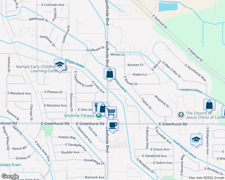 map of restaurants, bars, coffee shops, grocery stores, and more near 1810 Southside Boulevard in Nampa