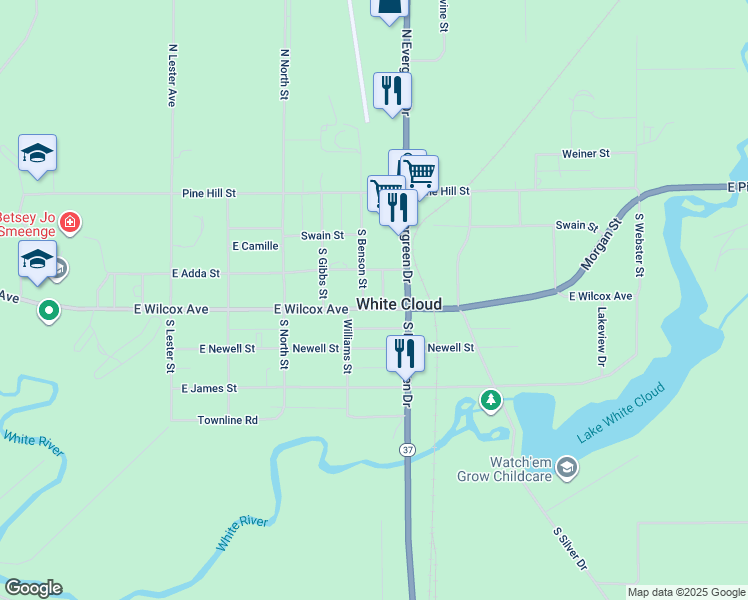 map of restaurants, bars, coffee shops, grocery stores, and more near 156 South Benson Street in White Cloud