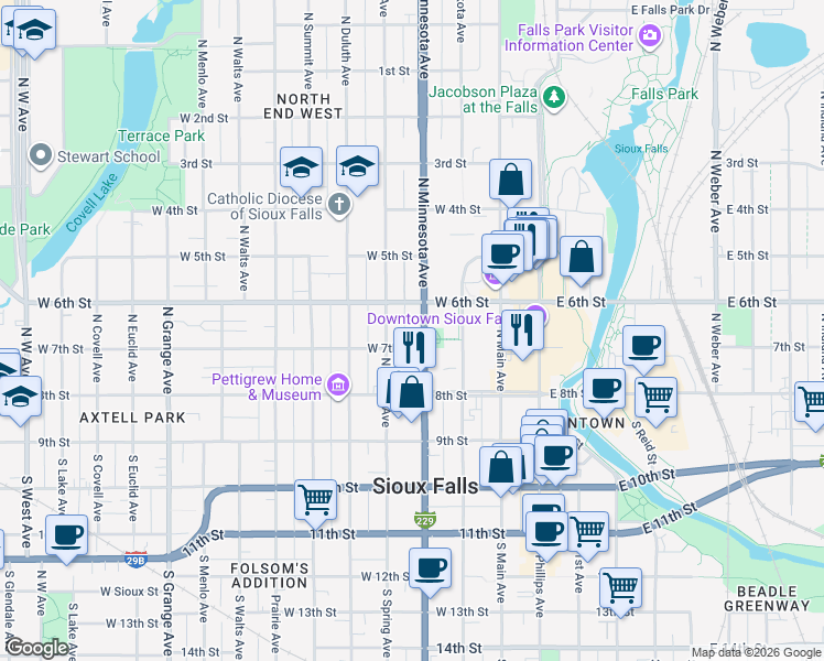 map of restaurants, bars, coffee shops, grocery stores, and more near 331 North Minnesota Avenue in Sioux Falls