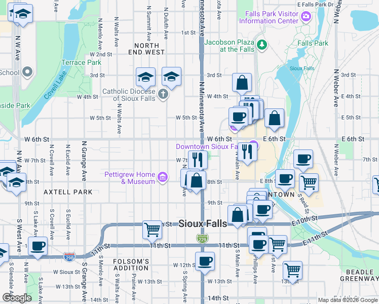 map of restaurants, bars, coffee shops, grocery stores, and more near 331 North Minnesota Avenue in Sioux Falls
