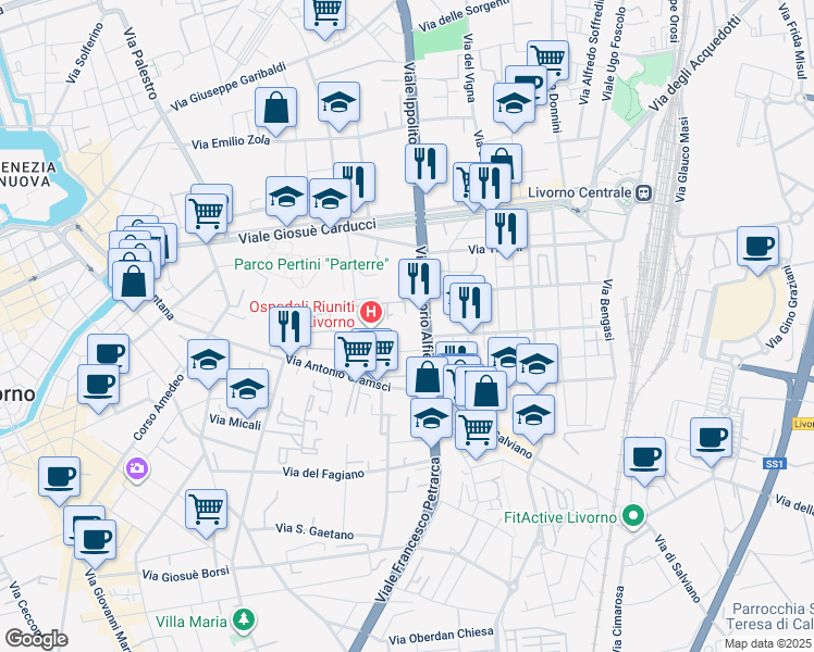 map of restaurants, bars, coffee shops, grocery stores, and more near 36 Viale Vittorio Alfieri in Livorno