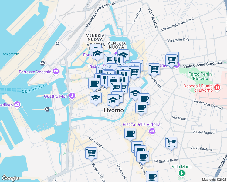 map of restaurants, bars, coffee shops, grocery stores, and more near 2 Piazza Felice Cavallotti in Livorno