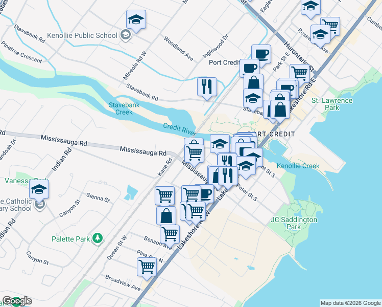 map of restaurants, bars, coffee shops, grocery stores, and more near 50 Front Street North in Mississauga