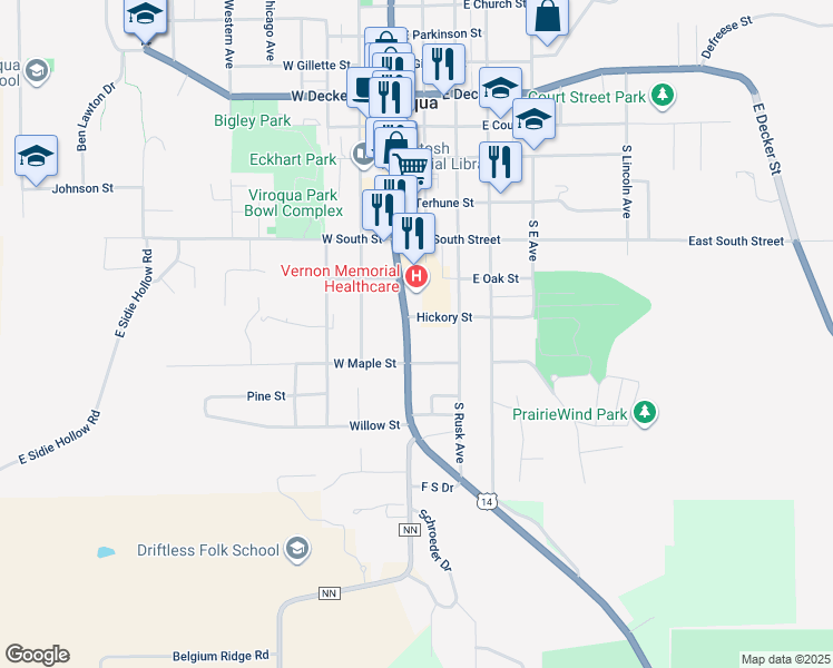 map of restaurants, bars, coffee shops, grocery stores, and more near 115 Hickory Street in Viroqua