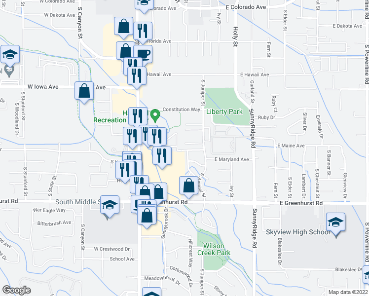 map of restaurants, bars, coffee shops, grocery stores, and more near 324 East Maine Avenue in Nampa