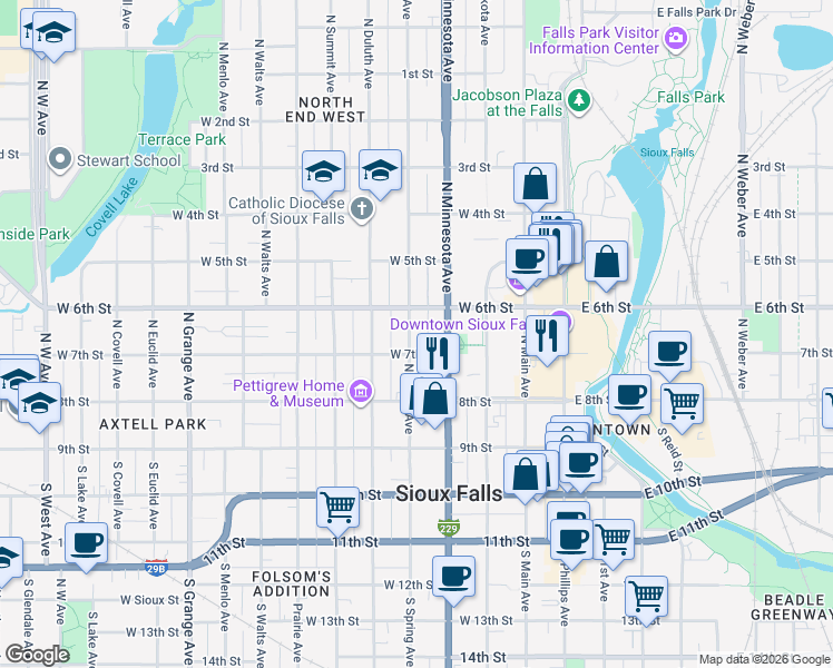 map of restaurants, bars, coffee shops, grocery stores, and more near 331 North Minnesota Avenue in Sioux Falls