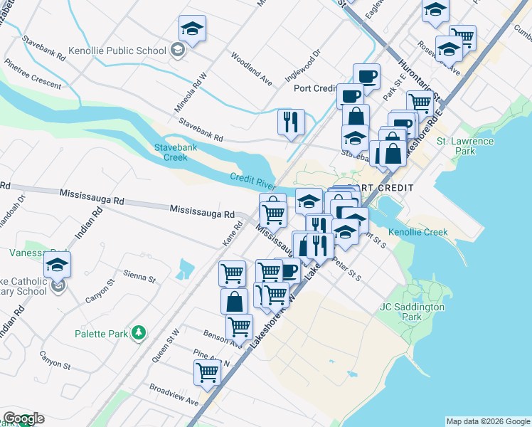 map of restaurants, bars, coffee shops, grocery stores, and more near 50 Front Street North in Mississauga