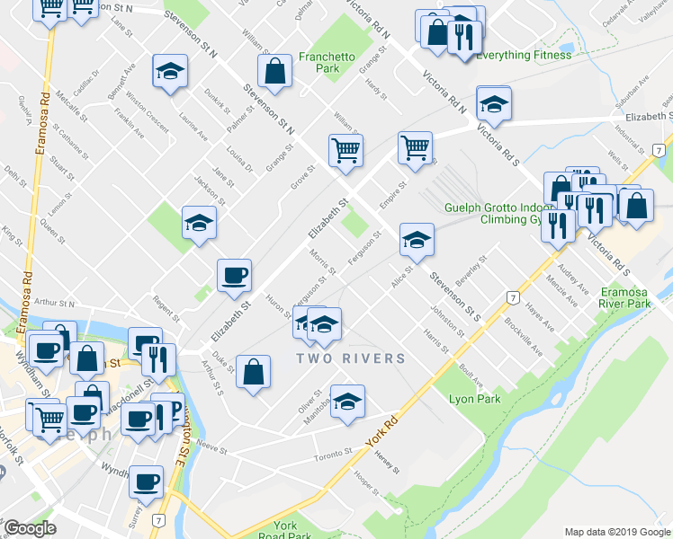 map of restaurants, bars, coffee shops, grocery stores, and more near 46 Morris Street in Guelph