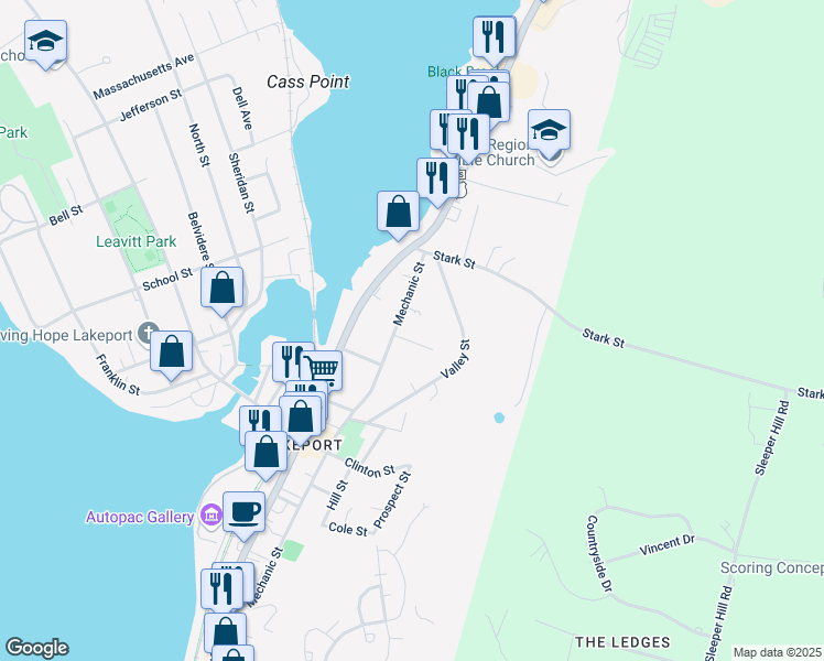 map of restaurants, bars, coffee shops, grocery stores, and more near 293 Mechanic Street in Laconia