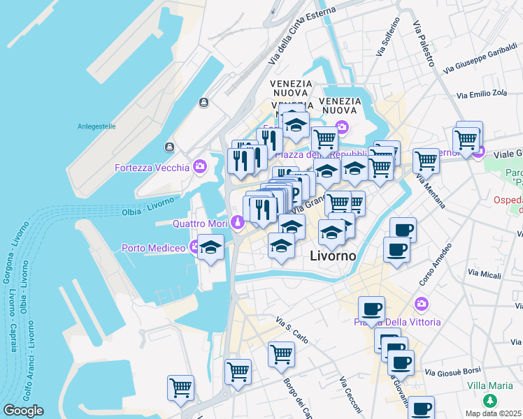 map of restaurants, bars, coffee shops, grocery stores, and more near Via Fiume in Livorno