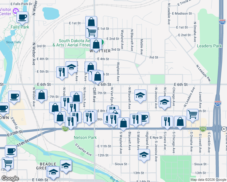 map of restaurants, bars, coffee shops, grocery stores, and more near 1413-1499 East 6th Street in Sioux Falls