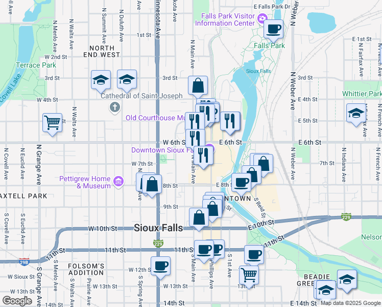 map of restaurants, bars, coffee shops, grocery stores, and more near 333 North Main Avenue in Sioux Falls