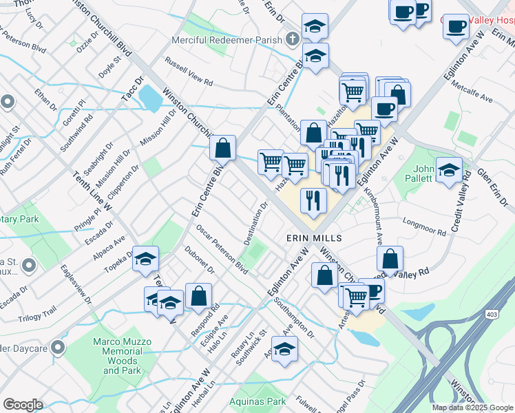 map of restaurants, bars, coffee shops, grocery stores, and more near 3025 Destination Drive in Mississauga